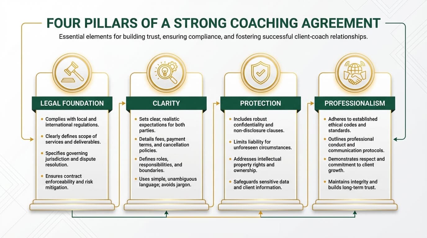 Four pillars of an effective coaching agreement: legal foundation, clarity, protection, and professionalism