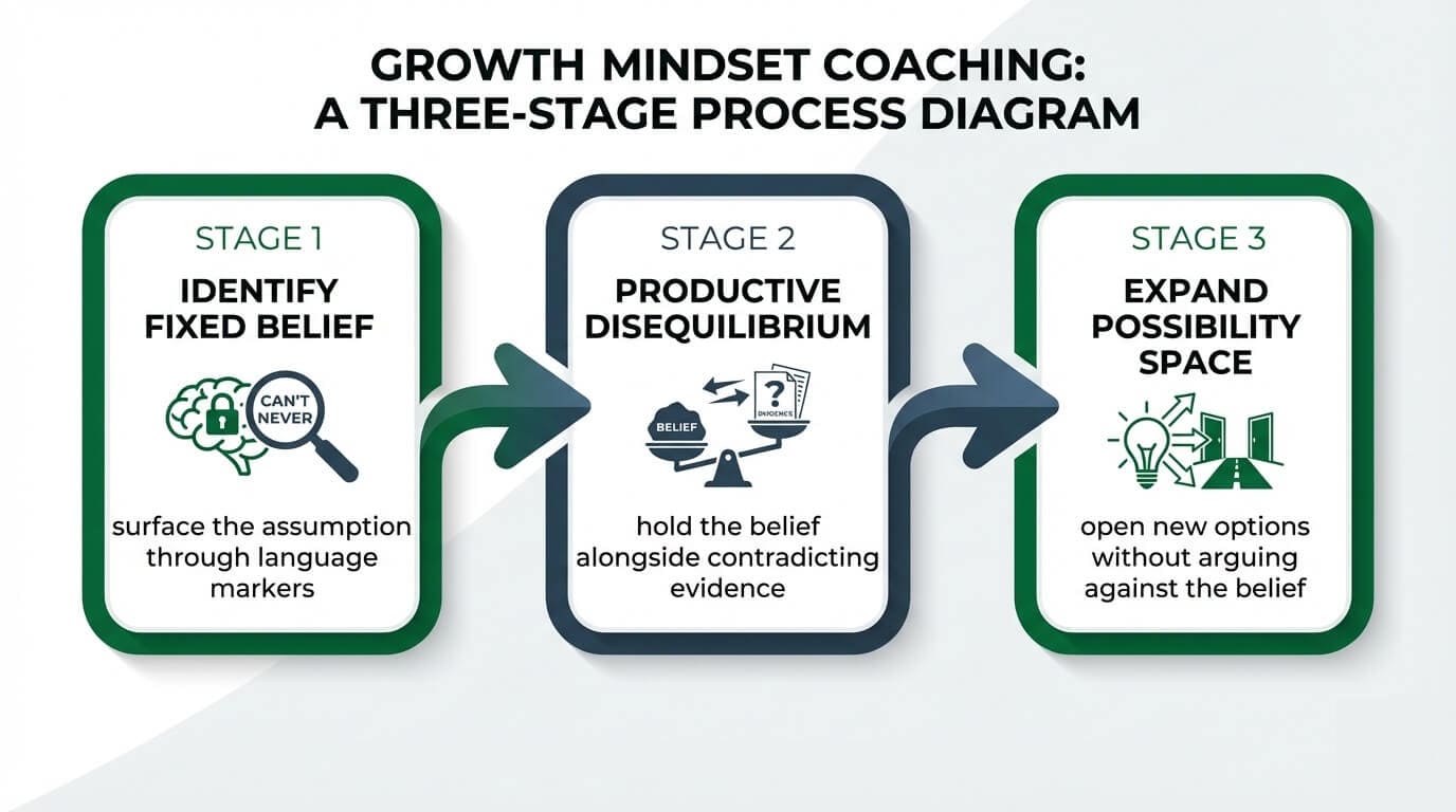 Three stages of growth mindset coaching: identify fixed belief, create productive disequilibrium, expand possibility space