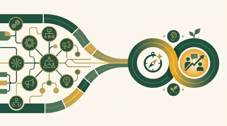 Editorial illustration of an organizational network transitioning into a one-to-one coaching partnership