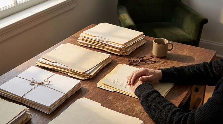 Several separate stacks of documents and folders in different paper stocks laid across a wooden desk, with one person's hands resting on an open file at the edge of the frame.