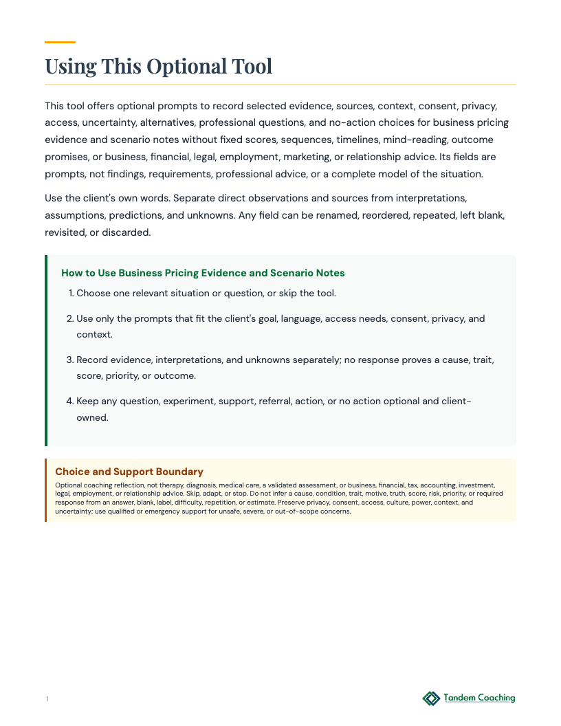 Business Pricing Evidence and Scenario Notes - preview