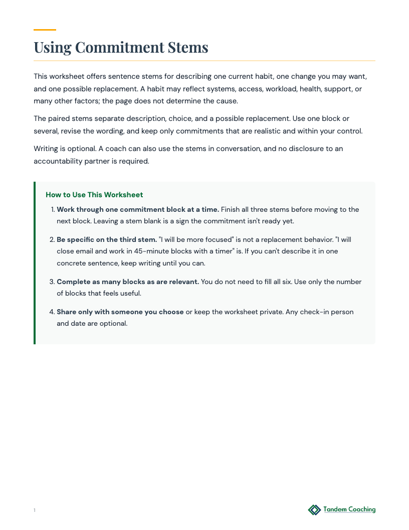 Work Habit Commitment Worksheet - preview
