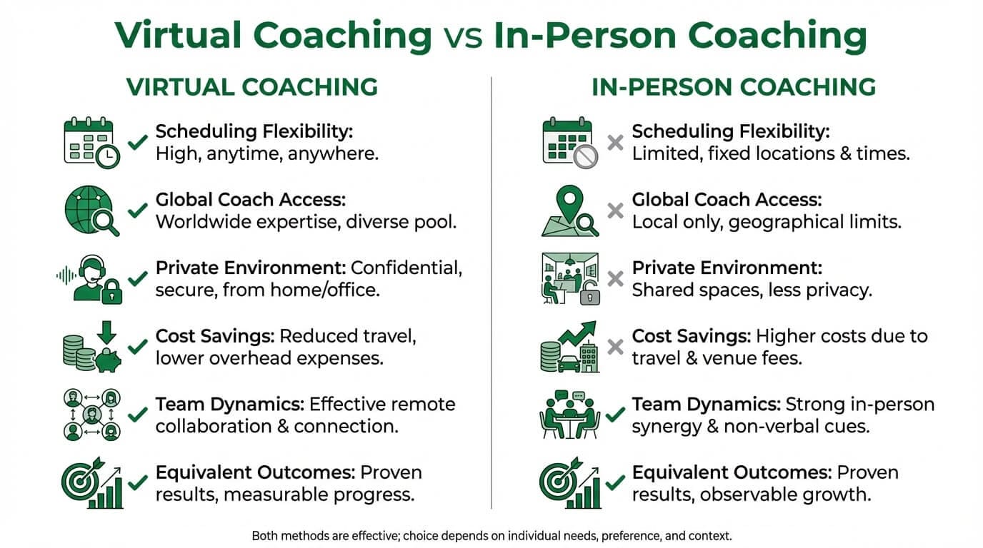 Comparison of virtual and in-person executive coaching formats showing advantages of each