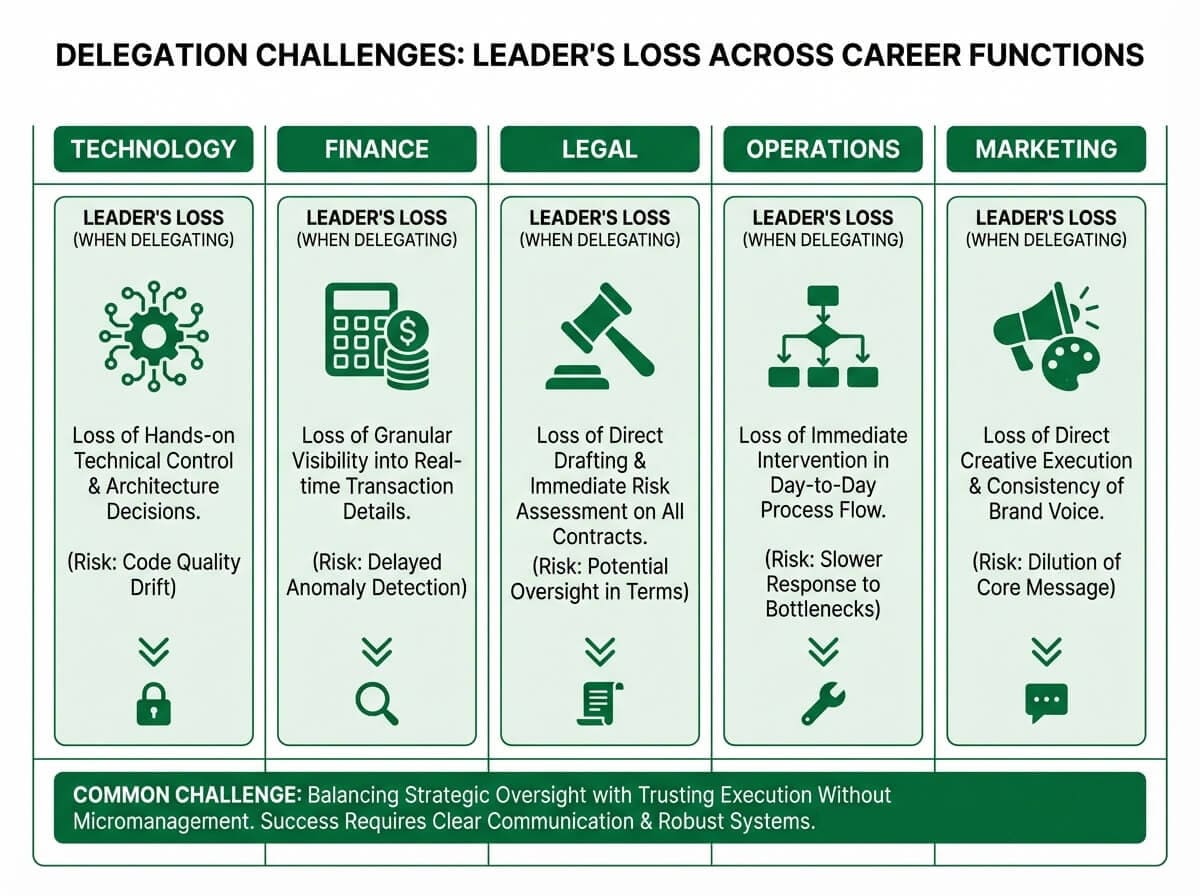 What delegation costs across five career functions: Technology loses craft identity, Finance loses certainty, Legal loses risk control, Operations loses reliability, Marketing loses creative ownership