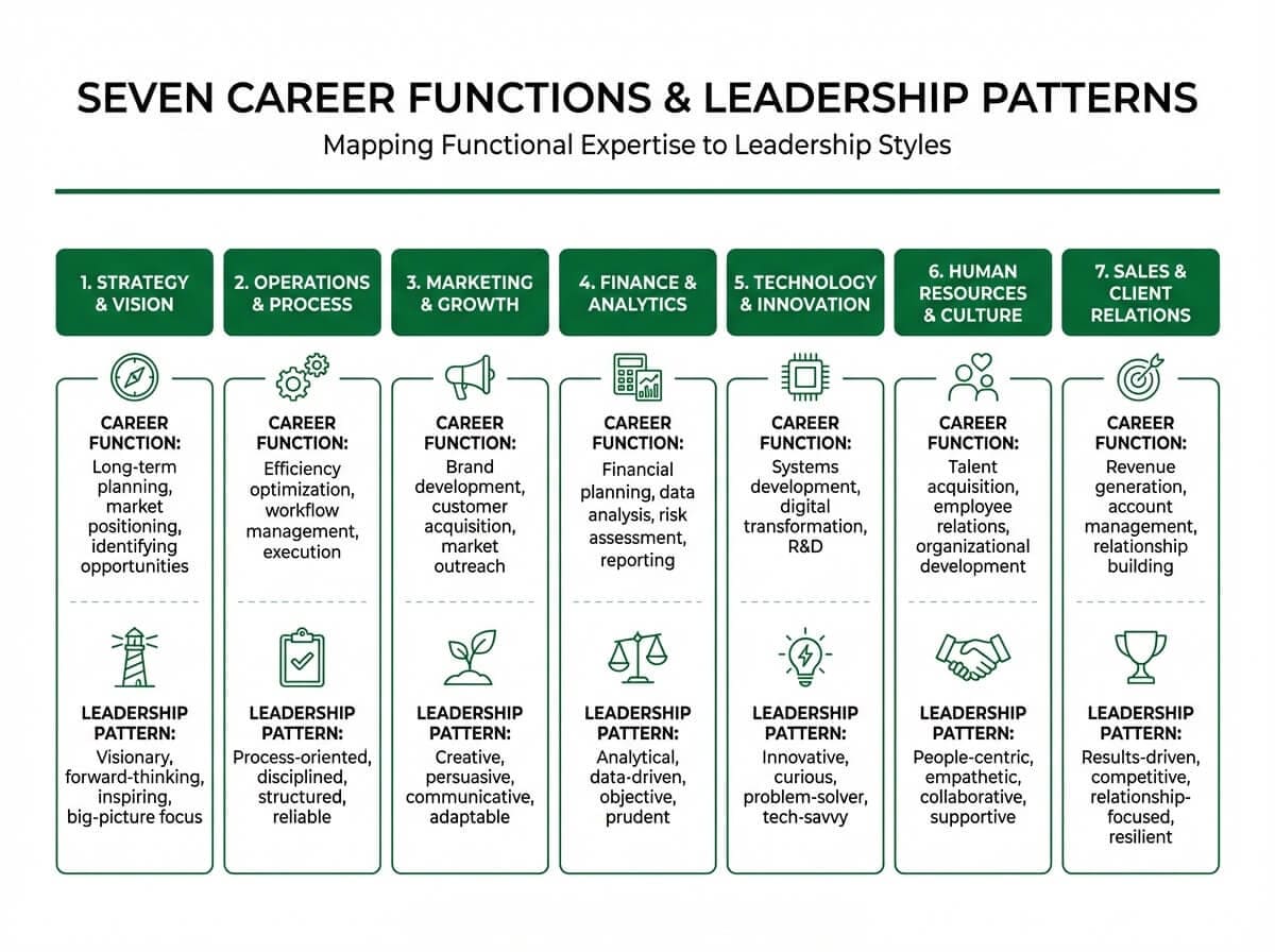 Seven functional roles and the leadership patterns each career installs, showing what each function builds as a strength and where it creates a ceiling