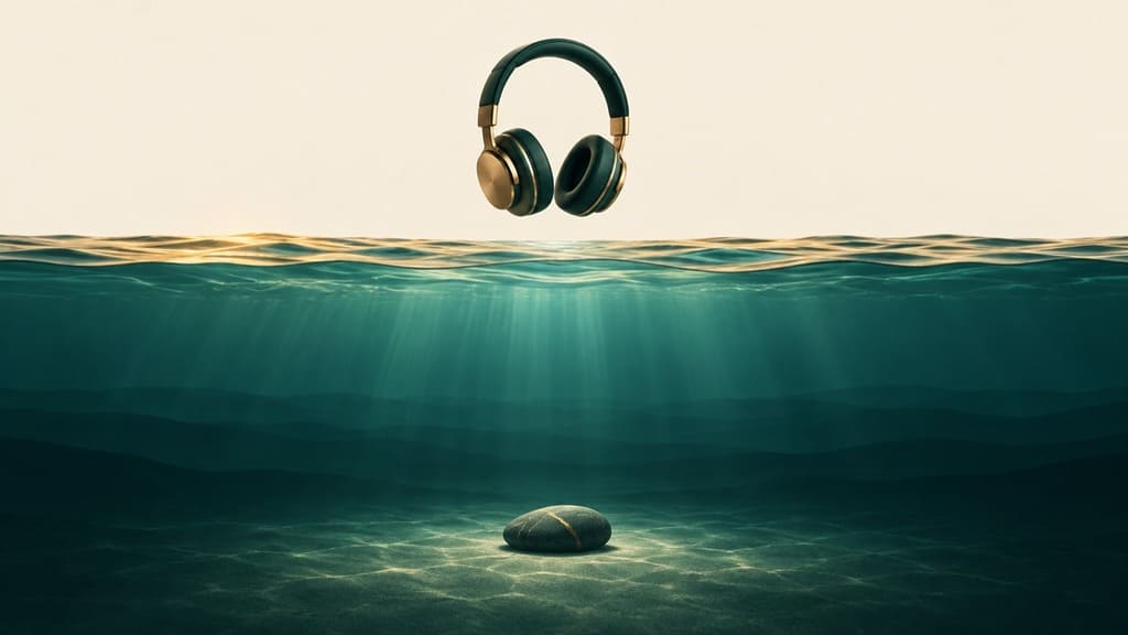 Cross-section of water with a rippled surface above a deep layered column and headphones above it, representing a mentor coach listening past the surface of a coaching session.