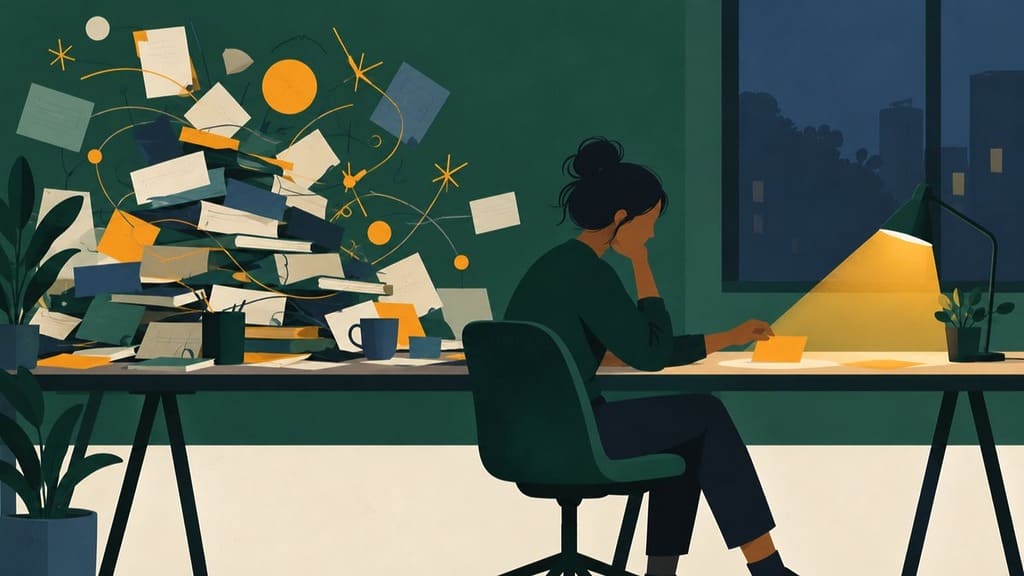Illustration of a leader at a desk late in the evening, a tall pile of papers and ideas beside them, moving one card into a small lamp-lit clear space