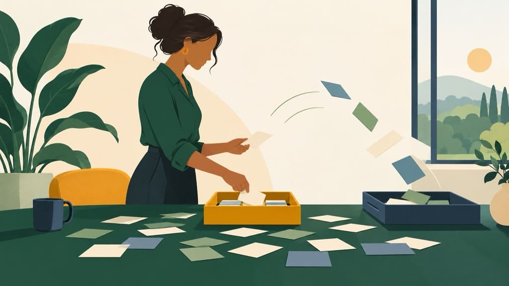 A woman leader sorts note cards at a green table into a gold tray she keeps and a slate tray she slides away, a few cards still arcing through the air