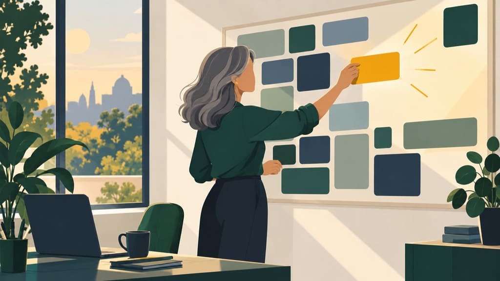 Illustration of a senior woman at an office wall board, moving one bright block into a sunlit open space to rearrange her week around her energy
