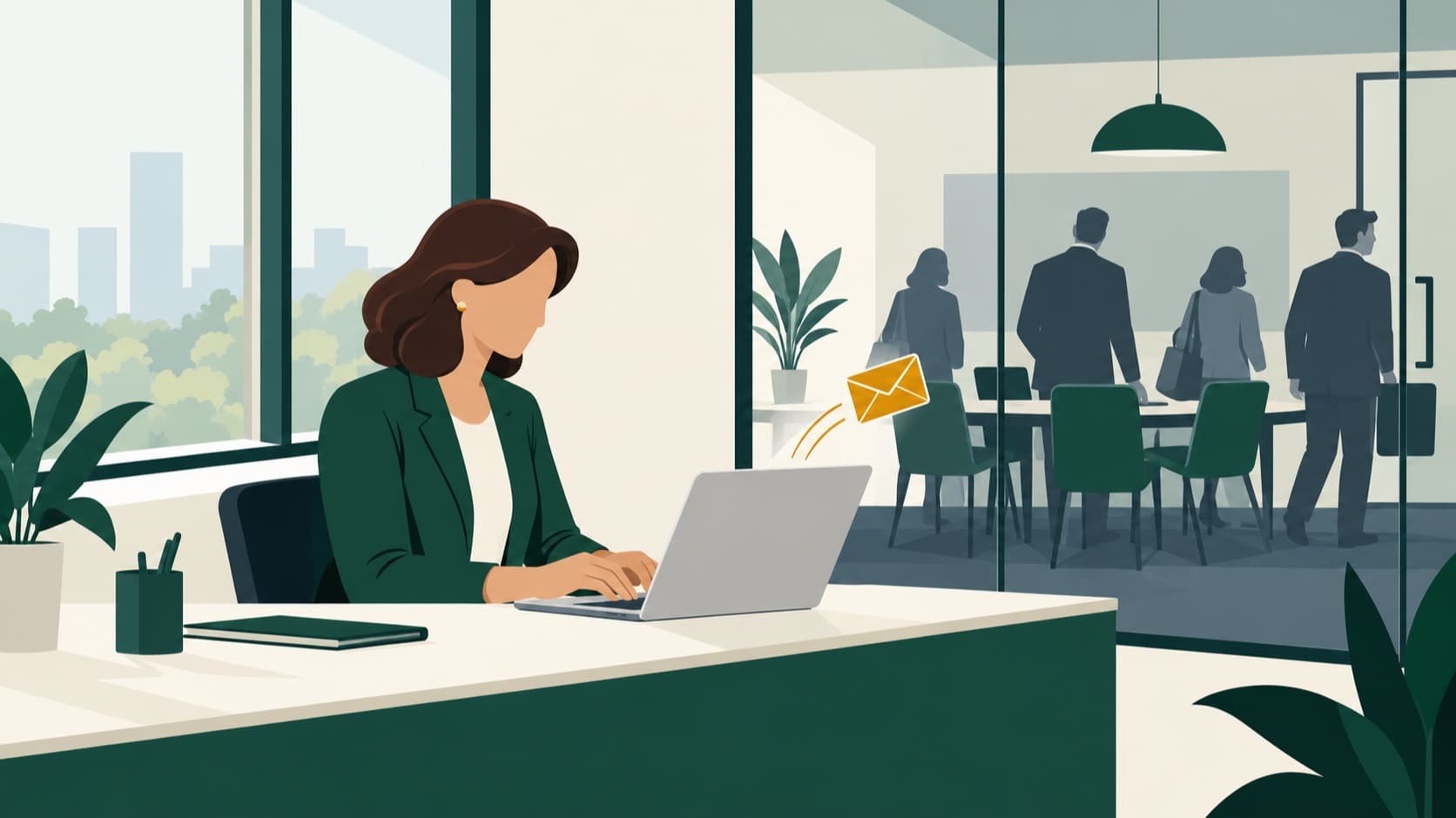 After the meeting, a senior woman sends a short follow-up that puts her idea and the next step in writing