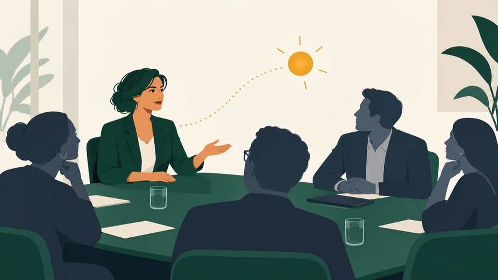 Senior woman calmly leads the discussion as her idea traces back to her side of the meeting table