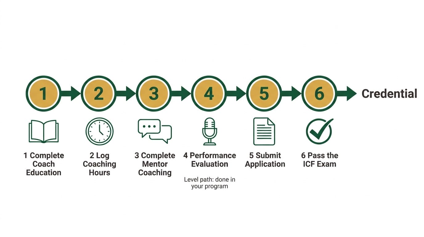 Six steps to ICF certification: coach education, coaching hours, mentor coaching, performance evaluation, application, ICF exam