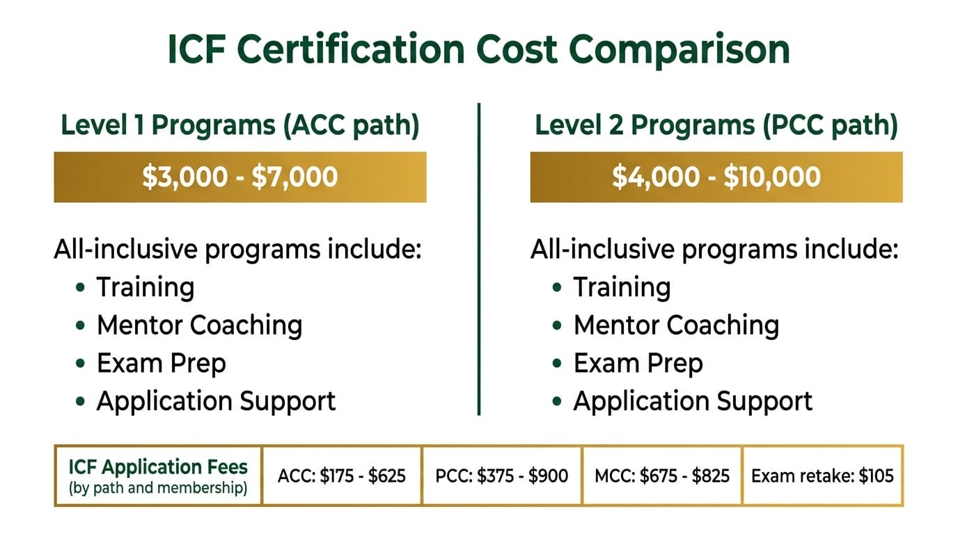 ICF certification cost comparison: program price ranges and ICF application fees by credential and path