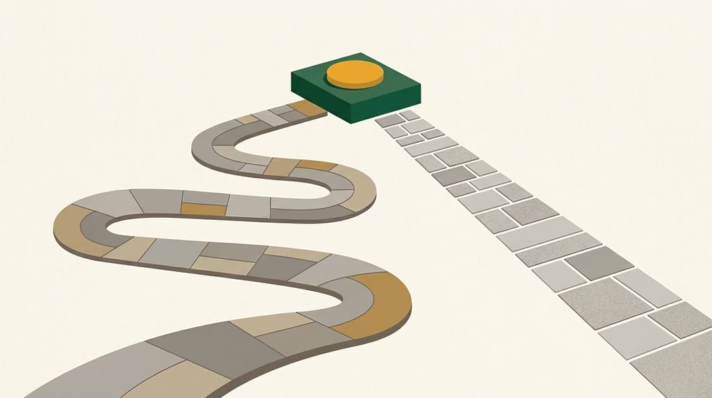Two paths of different lengths leading to the same gold marker, representing the current ICF exam and the shorter PCC-MCC Exam leading to the same credential.