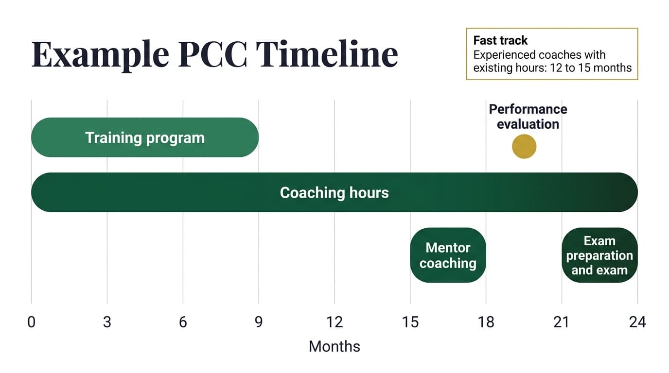 Example 24-month PCC timeline: training in months 0 to 9, coaching hours throughout, mentor coaching in months 15 to 18, performance evaluation around month 20, exam preparation and exam in months 21 to 24; experienced coaches with existing hours can finish in 12 to 15 months