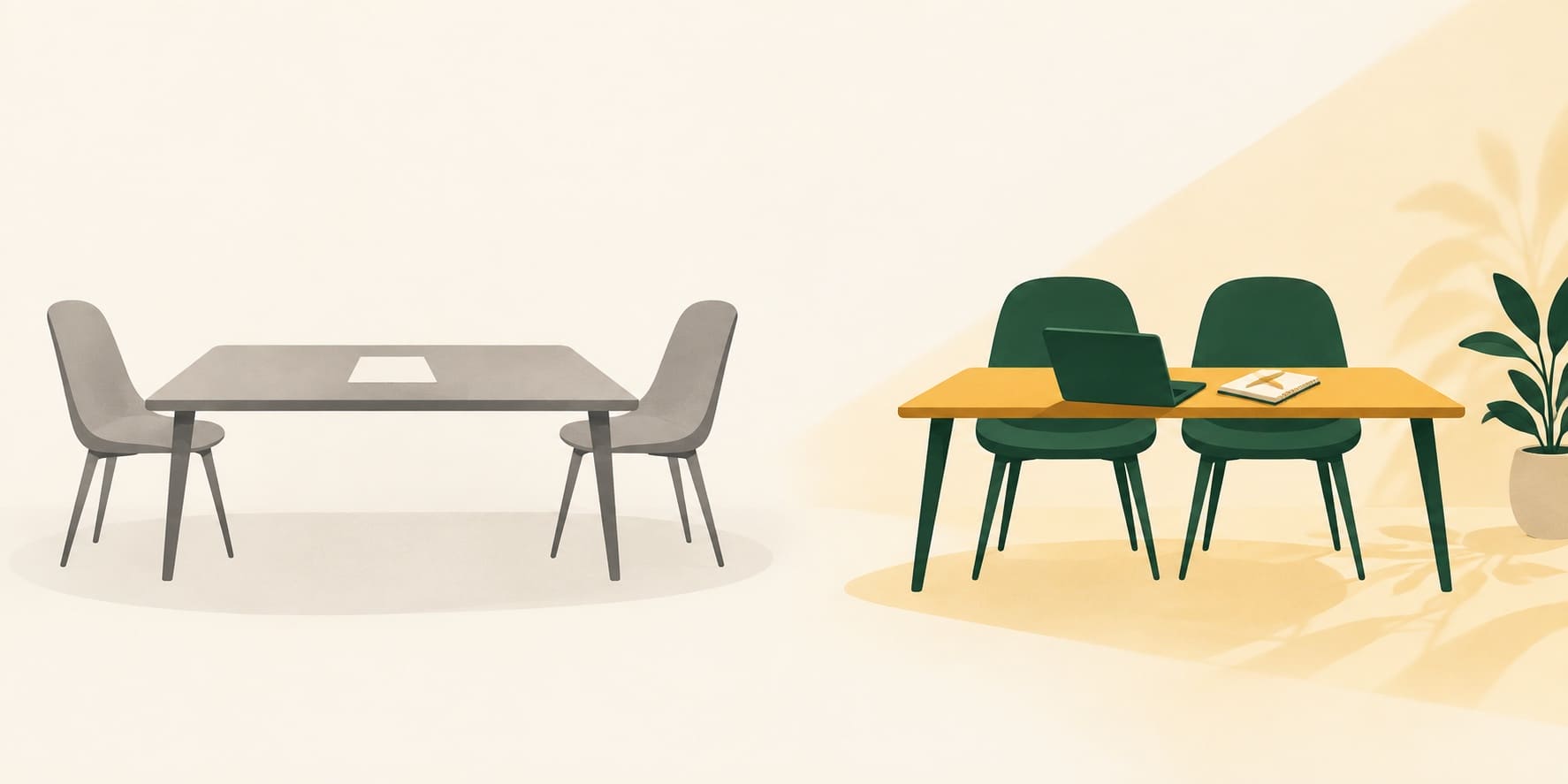Two chairs facing each other across a desk beside two chairs sharing one table: the mentor coach moving from assessor to co-worker