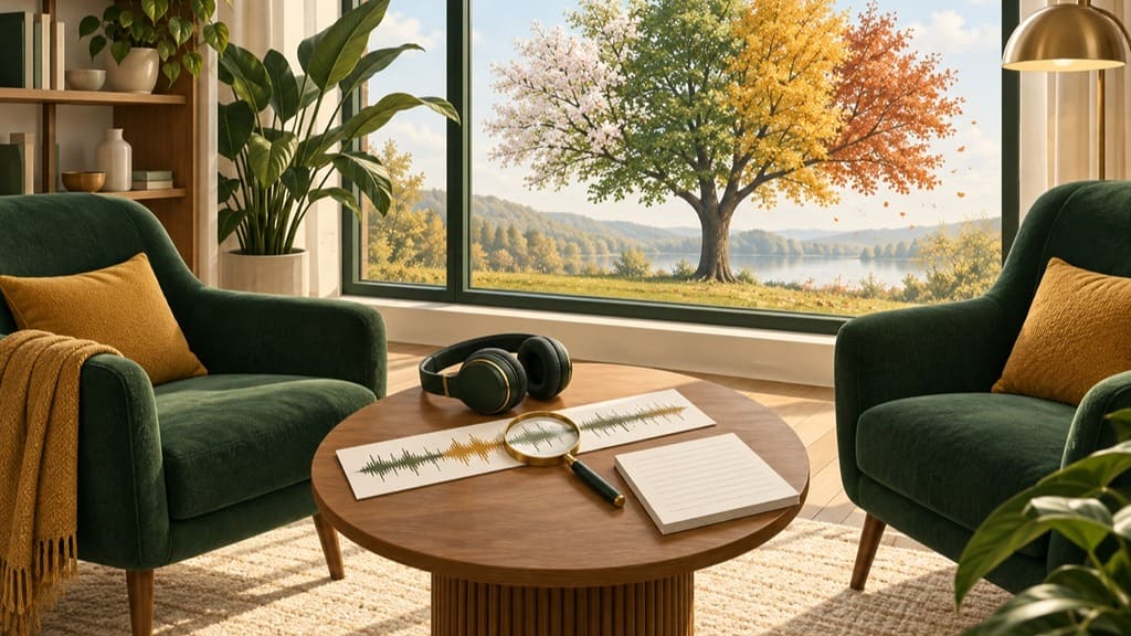 Two armchairs facing each other beside a window, with headphones and a magnifying glass over an audio waveform on the table and a tree outside showing four seasons, representing one-on-one MCC mentor coaching planned over a year.
