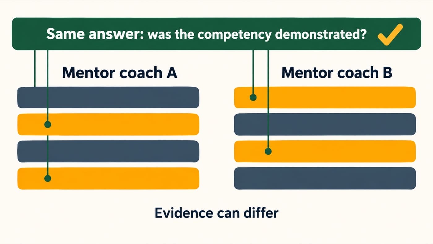 Two columns labeled Mentor coach A and Mentor coach B highlight evidence on different rows, and lines from both lead to one banner: Same answer: was the competency demonstrated?