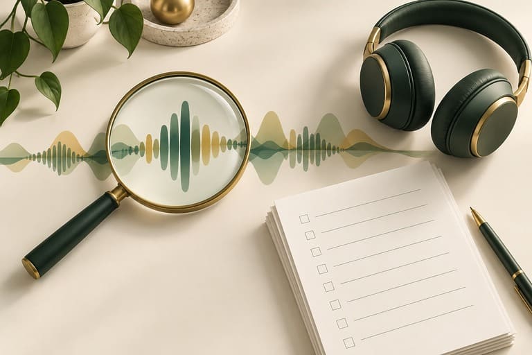 A magnifying glass over an audio waveform beside headphones and a stack of blank feedback forms, representing the recording review at the center of mentor coaching work.