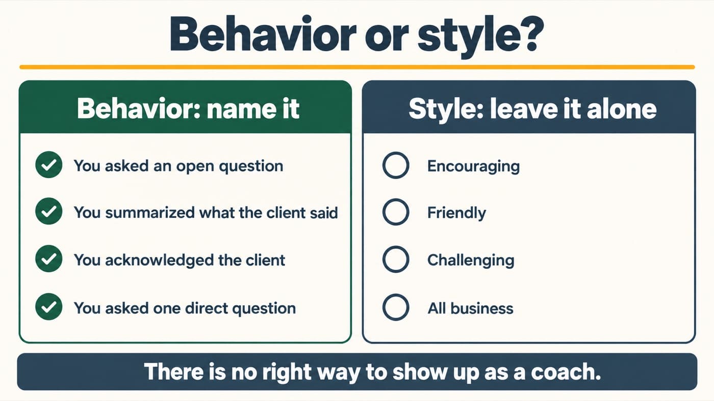 Behavior or style: name the behavior, such as asking an open question, summarizing what the client said, acknowledging the client or asking one direct question; leave the style alone, whether encouraging, friendly, challenging or all business