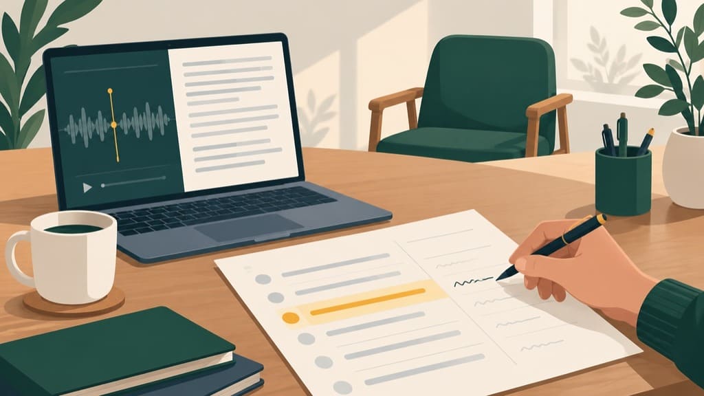 A desk with a laptop showing an audio waveform and transcript lines, a printed feedback form with a hand writing a note beside one highlighted line, and an empty chair across the desk
