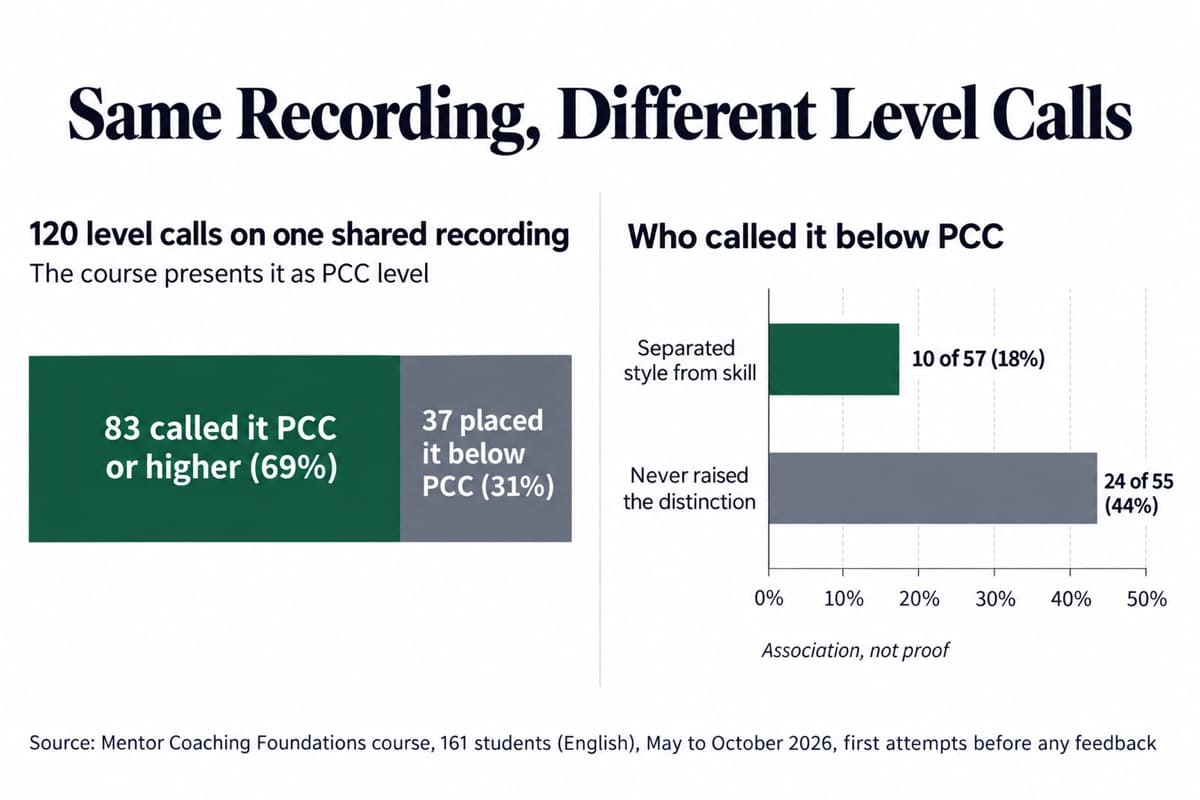 Level calls on one recording presented as PCC level, from our course data on mentor coaching mistakes: 83 of 120 calls (69%) were PCC or higher and 37 (31%) below PCC. Students who separated style from skill called it below PCC in 10 of 57 cases (18%), against 24 of 55 (44%) who never raised the distinction, an association, not proof.