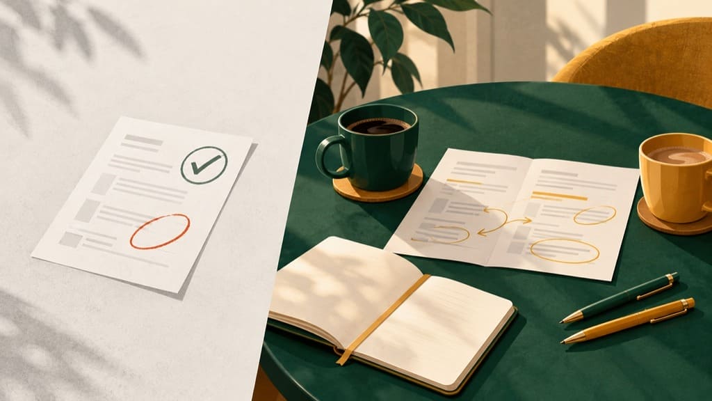 Mentor coaching vs assessment illustration: a graded sheet with a check mark and a red circle beside the same pages open on a green table with coffee cups, a notebook and pens