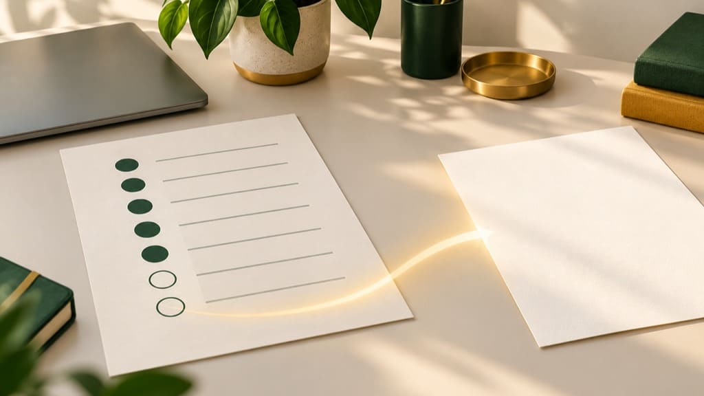 Not ready for your ICF credential illustration: a review form with two open marks and a path of light toward a fresh blank sheet