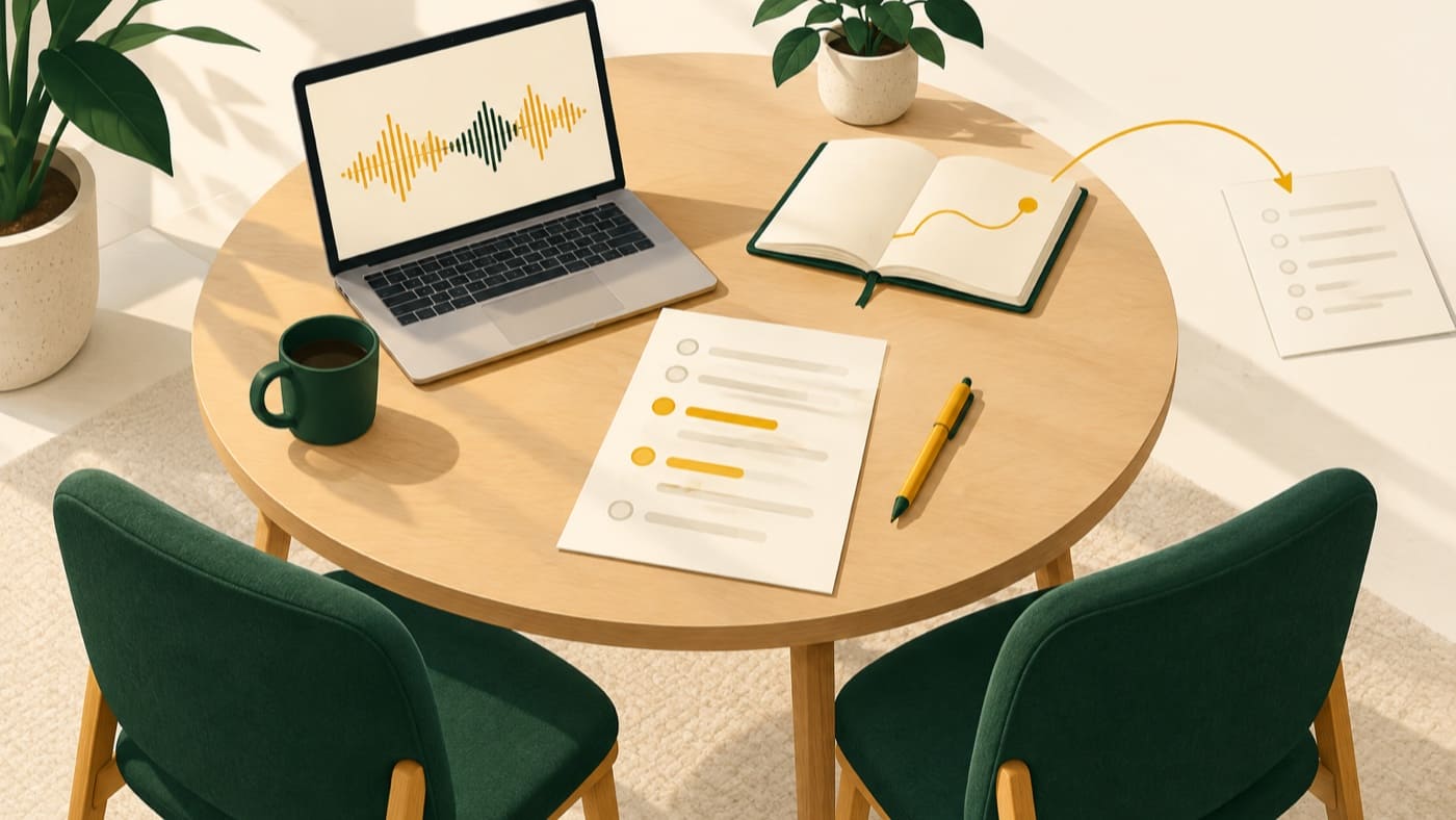 A mentor coaching review table with a recorded session on a laptop, a shared form with highlighted marks and a notebook leading to a fresh form