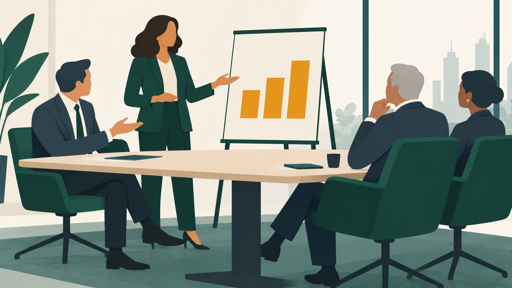 A woman presents her results to senior leaders while her manager sits beside her and backs her
