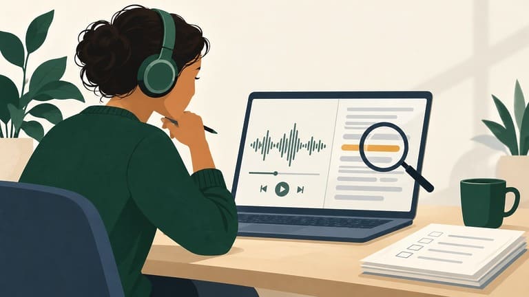 A mentor coach wearing headphones reviews a coaching session recording and its transcript on a laptop, a magnifying glass over one highlighted line